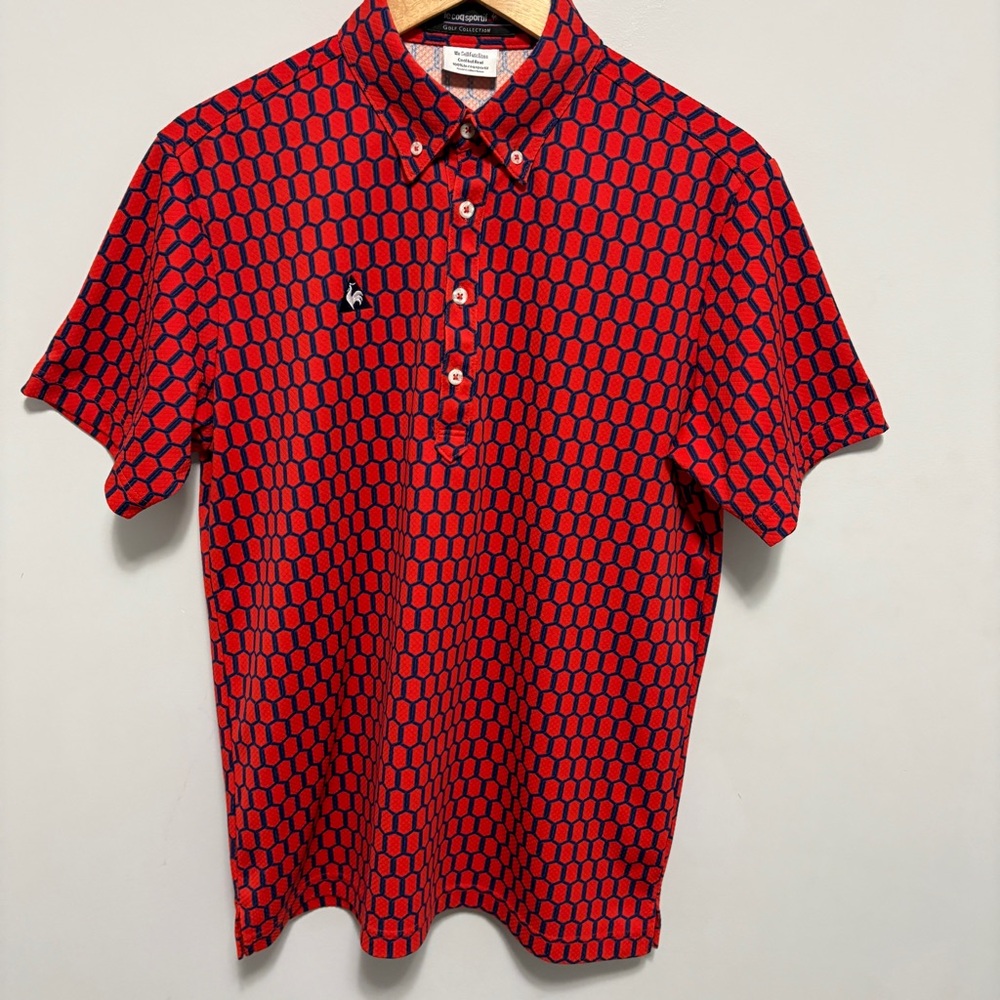 Le Coq Sportif Polo Mens Large Red Blue Chain Link Golf Collection Honeycomb